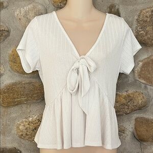 Chic Cream V-Neck Blouse with Tie Detail